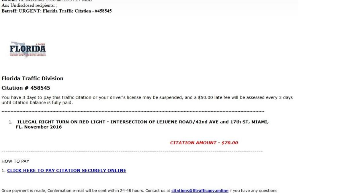 A copy of the email DHSMV officials are warning is a scam.