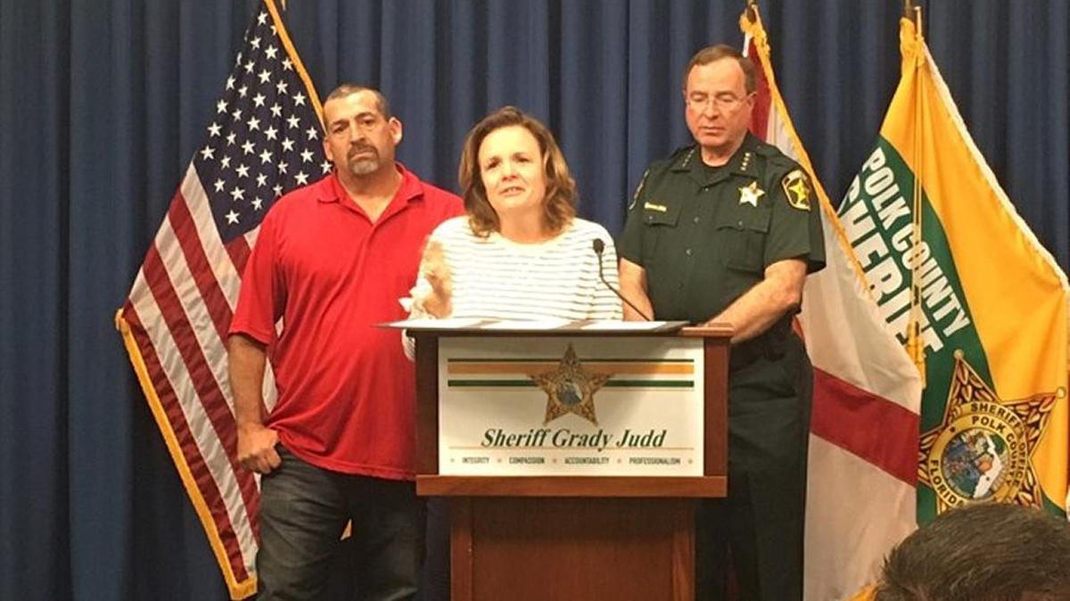 Katrina Urso, William Reiss’ daughter, speaks during Wednesday’s Polk County Sheriff’s Office news conference.