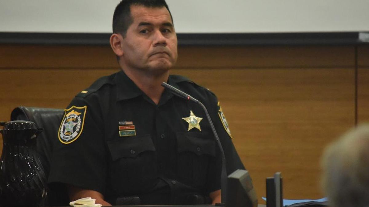 Lt. Joel Perez takes the stand during his nephew Andres “Andy” Avalos Jr.’s triple murder trial Thursday. Avalos Jr. is accused of murdering his wife Amber, his neighbor Denise Potter and pastor James “Tripp” Battle III.