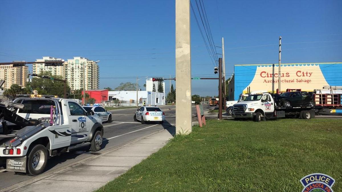 The scene of a three vehicle crash in Sarasota early Friday morning, according to the Sarasota Police Department.