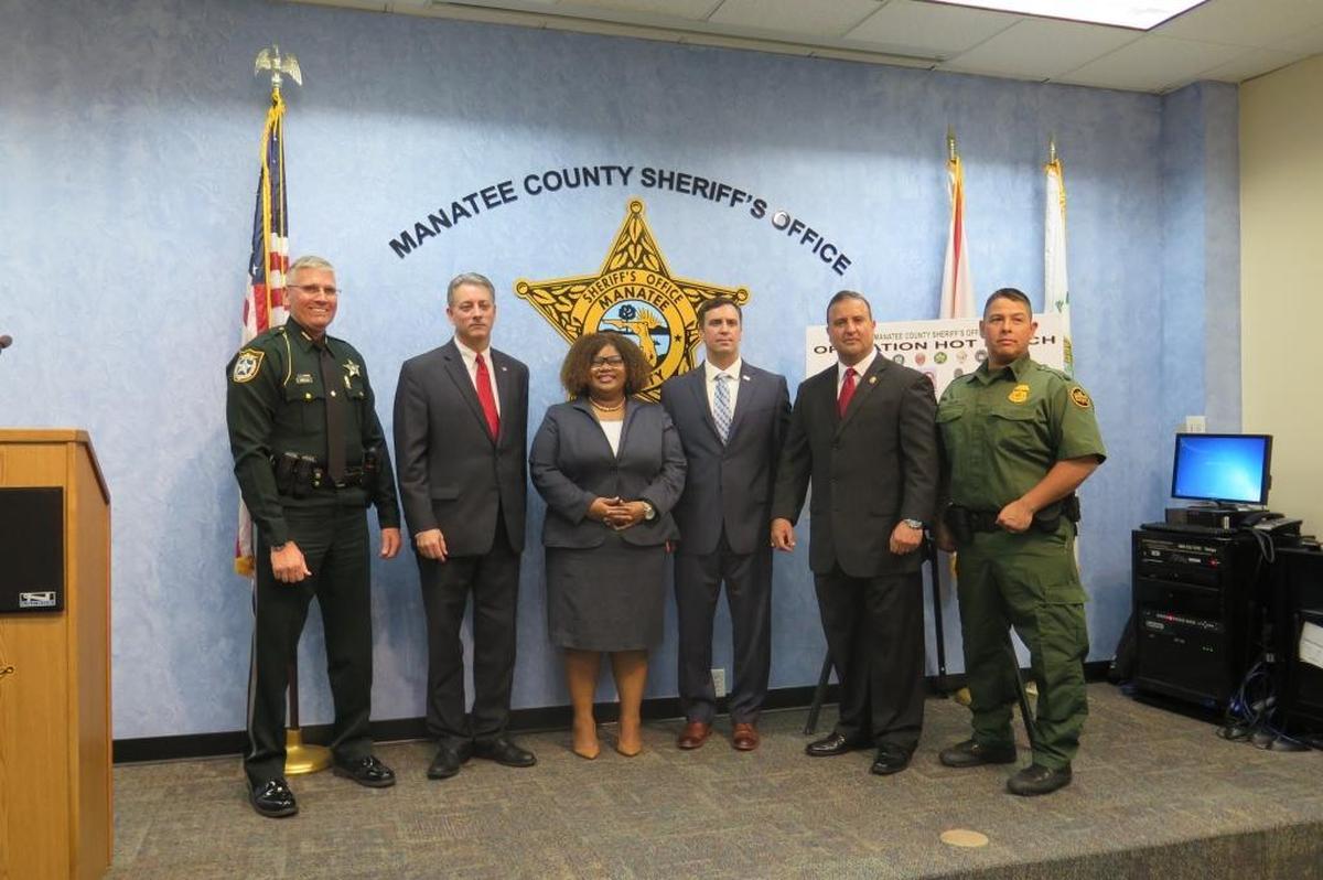 Manatee County Sheriff Rick Wells, acting U.S. Attorney Stephen Muldrow, Asst. U.S. Attorney Shauna Hale, Asst. U.S. Attorney Christopher Murray, DEA Associate Special Agent Jaime Camacho, and a U.S Customs and Border Patrol agent Frank Allen during a join news conference on Operation Hot Batch on Tuesday, Dec. 19. (From left to right)