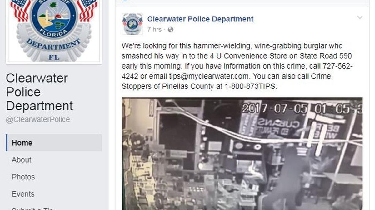 A Facebook post from the Clearwater Police Department included surveillance footage of a burglar who broke into a store, but couldn’t break into a quarter machine and left with nothing.