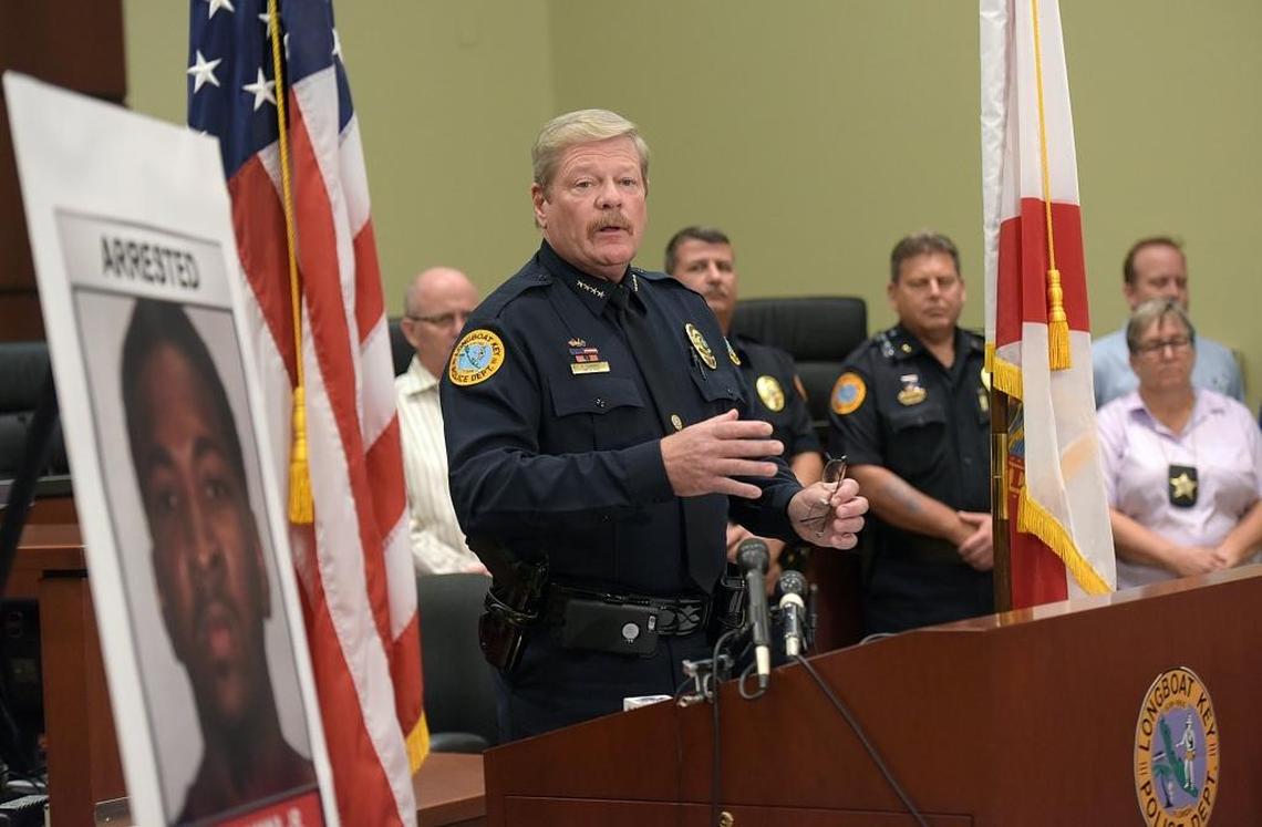 Longboat Key Police Chief Pete Cumming holds a press conference following arrest of Darryl Hanna Jr. for the fatal shootings of Zota Beach Resort employees, security guard Kevin Carter, 51, of Bradenton and night front desk manager Timothy Hurley, 59, of Sarasota.