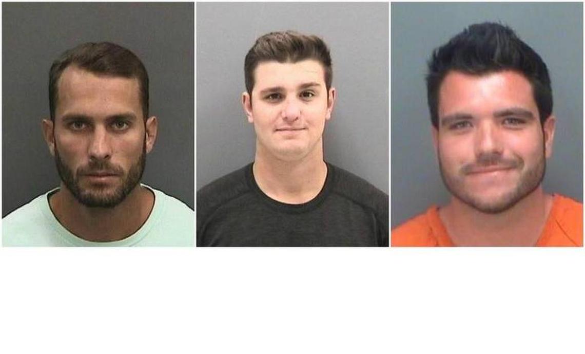 From left: Robert Lee Benac, Spencer Heintz and Michael Wenzel face felony animal abuse charges in connection to an infamous shark-dragging video and have pleaded not guilty to the charges.