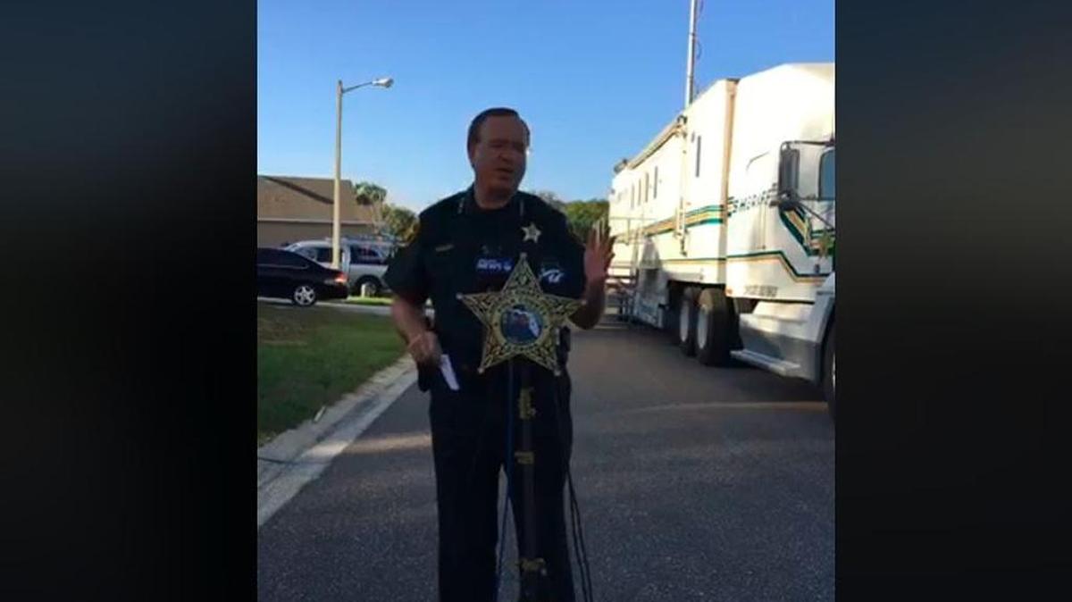 Sheriff Grady Judd holds a news conference on Monday evening after a man was shot and killed by deputies. The man, Judd says, was running from deputies with a knife, yelled “shoot me” and refused orders to drop his weapon.
