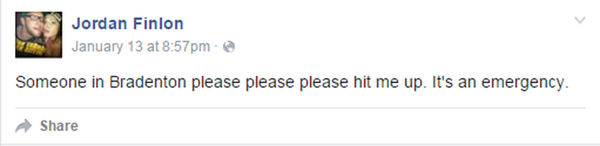 Jordan Finlon, the woman who was found dead in Manatee, posted on her Facebook a week before looking for a place to stay.