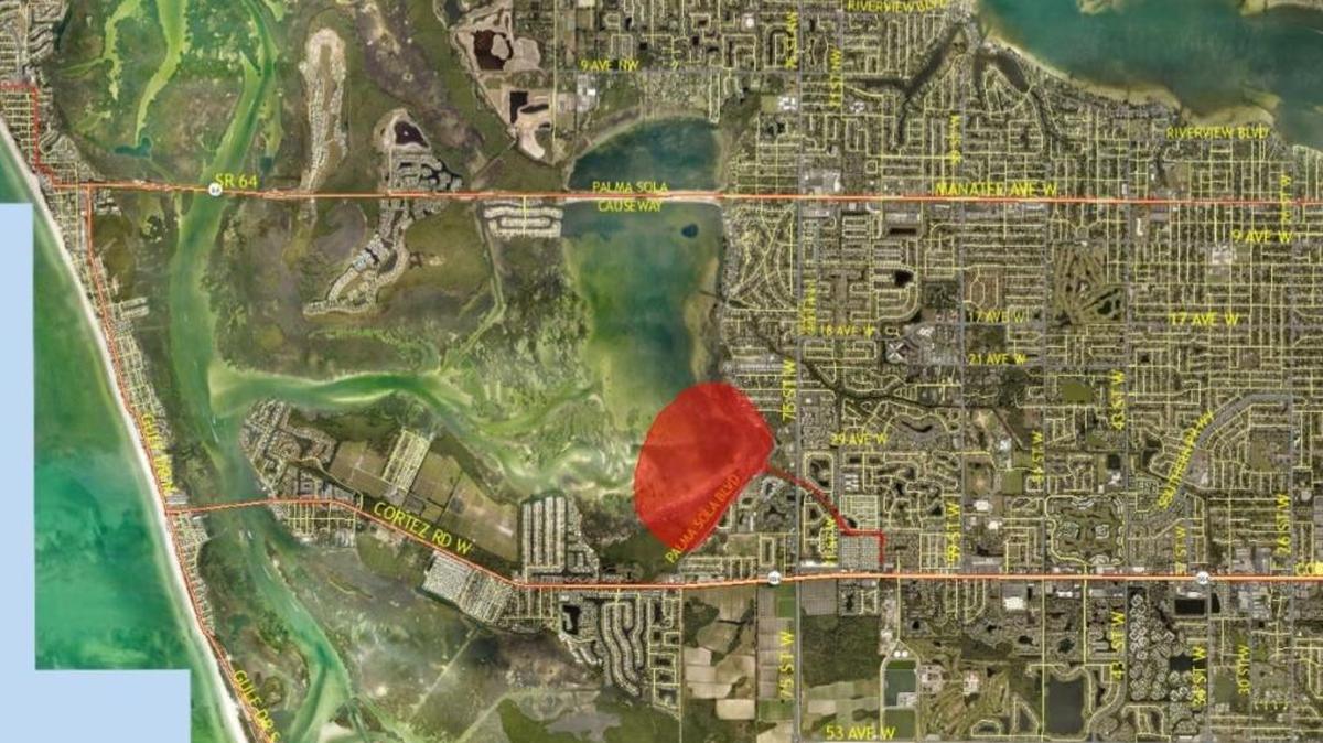 The area shaded in red on the map shows the waters still under a localized advisory after a force main break spilled wastewater in the area of Cortez Road West at 66th Street West last week. A no skin contact advisory was lifted Friday for Palma Sola Bay beach access areas.