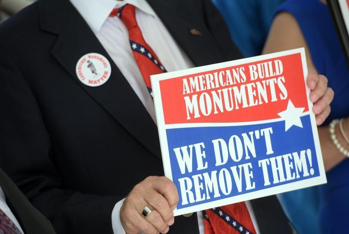 A coalition representing groups including America First - Team Manatee, The Paul Revere Society, The Sons of the American Revolution, Save Southern Heritage - Florida, the Sons of Confederate Veterans gathered and held a press conference Tuesday regarding their wish to have the Confederate monument restored to it's place at the historic courthouse.