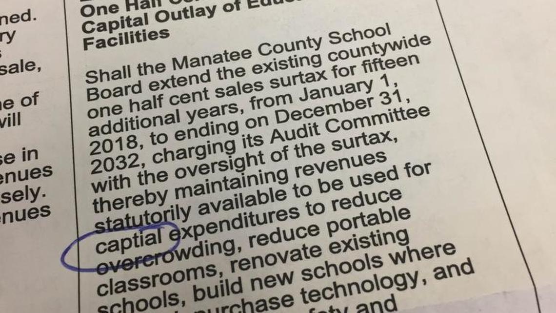A sample ballot for the Nov. 8 elections shows the word capital misspelled as “captial” on the item concerning the half-cent sales tax to benefit Manatee County schools.