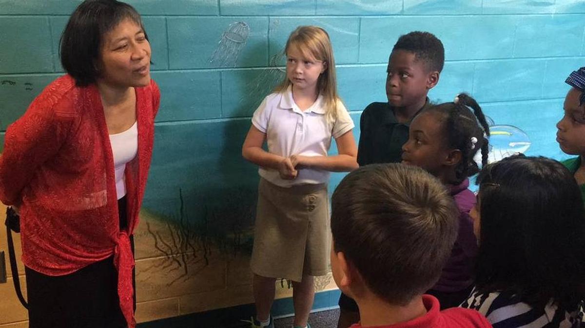 Hedy Chang, director of the national organization, Attendance Works, meets students at Samoset Elementary School on Oct. 27, 2015. Chang said even if a child misses one or two days a month it can put them behind in school. The School Board of Manatee County was honored recently by the National School Board Association for its efforts at combating chronic absenteeism.