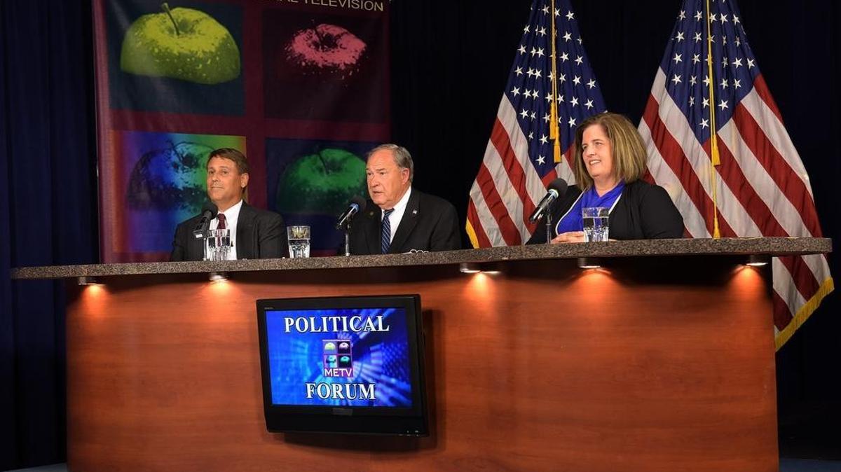 Manatee County School Board candidates participate in a forum at the METV studio. Charlie Conoley, Dave Miner and Misty Servia, all running for the District 3 seat, participate.
