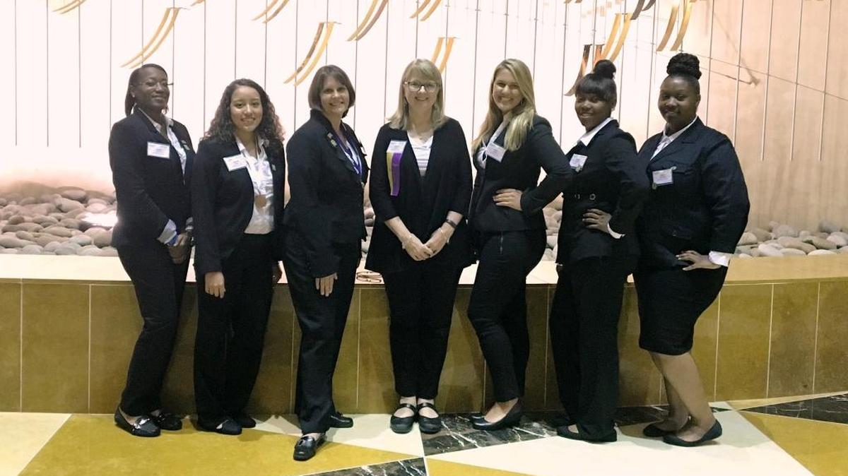 Dental and medical assisting students competed at the Florida HOSA Future Health Professionals State Leadership Conference in Orlando. Pictured L-R: Shalia Evans, Gabrielle Hook, Heather Thielen, MTC Advisor Kimberly Bland, Emily White, Kierrah Stanford, Alicia Stanford. Thielen and Hook qualified to compete at the international level in June.