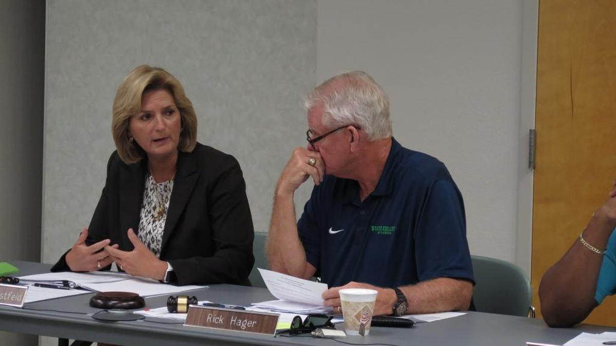Carol Probstfeld, president of State College of Florida, Manatee-Sarasota, speaks Tuesday at a regular meeting held at the college’s Lakewood Ranch campus.