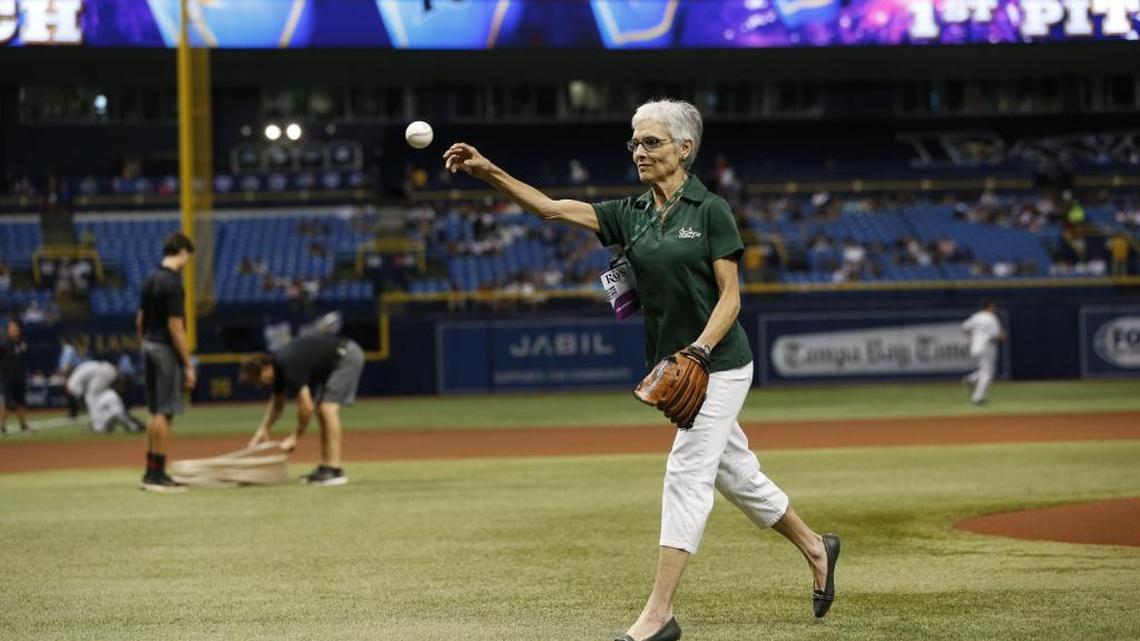 University of South Florida’s Stone throws pitch at Rays game