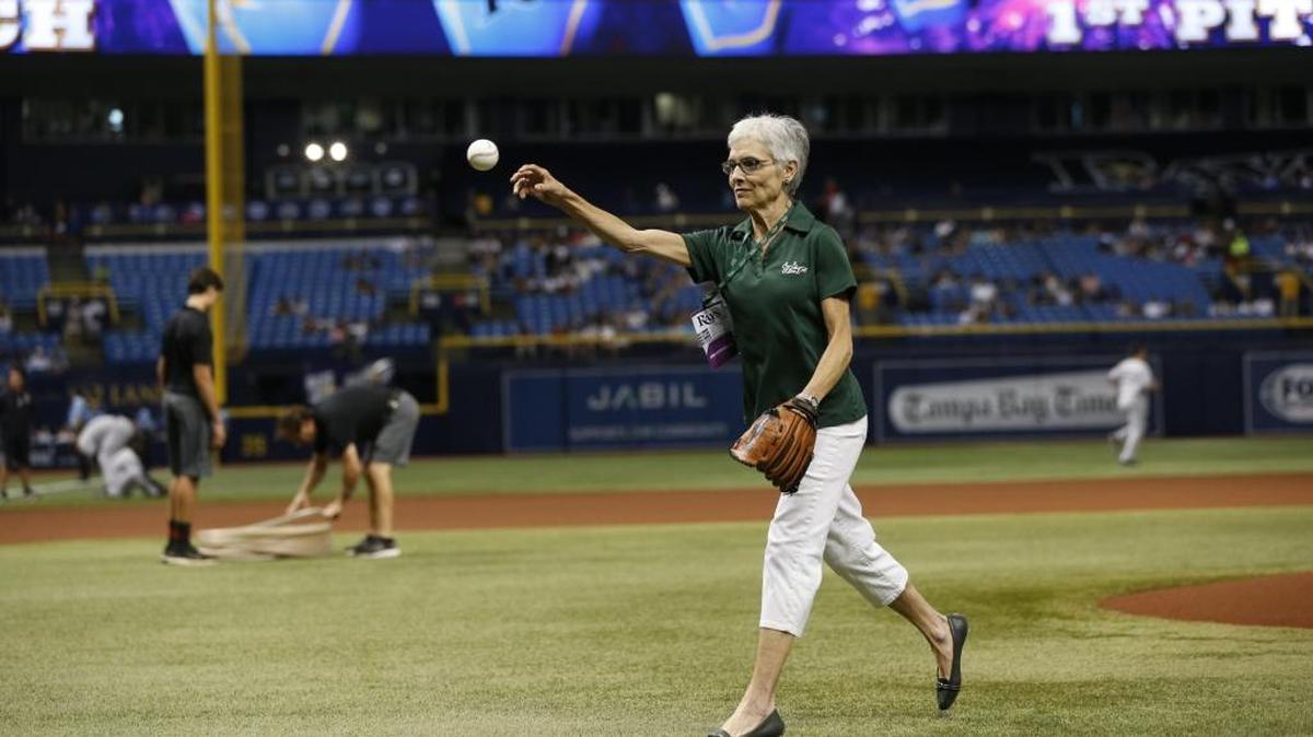 University of South Florida Sarasota-Manatee Sandra Stone threw the first pitch at the Tampa Bay Rays baseball game on Saturday.