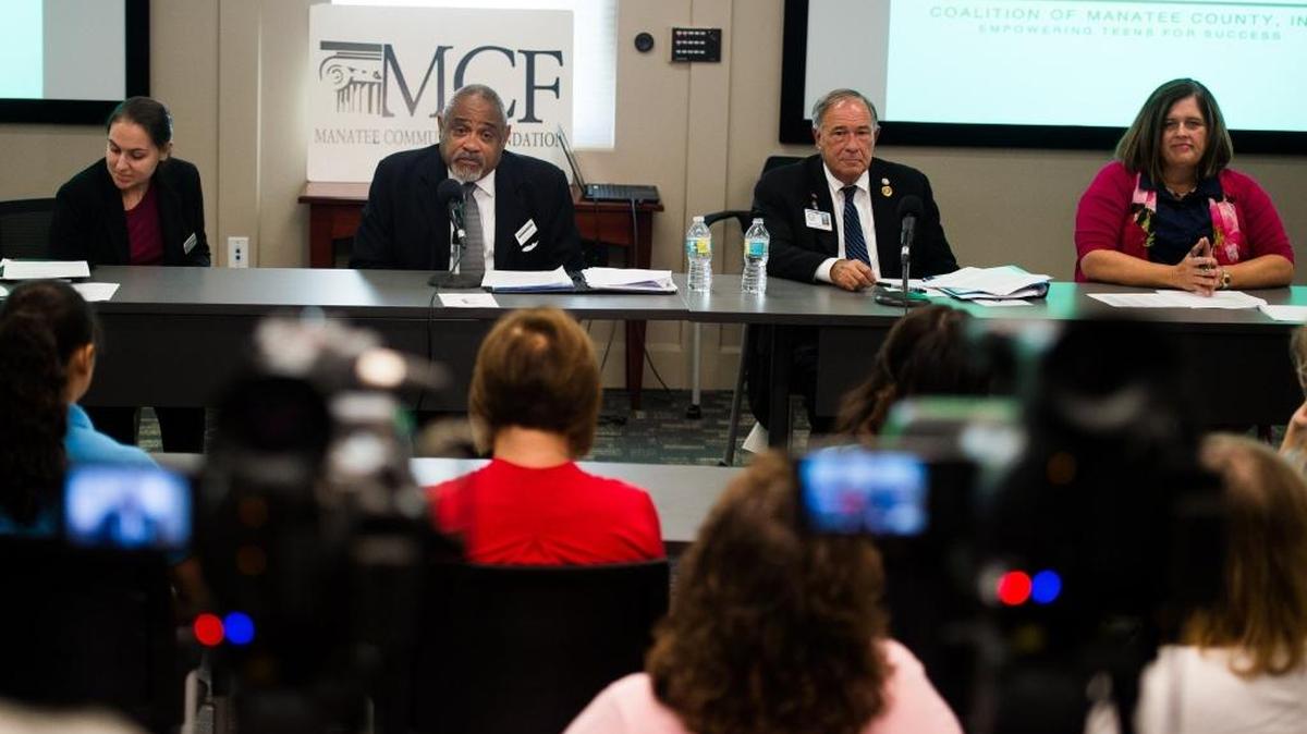 From left, Gine Messenger, Ed Viltz, Dave Miner and Misty Servia deliver closing remarks as the Healthy Teens Coalition of Manatee County meets with the four candidates for the remaining school board races on Tuesday October 18, 2016 at the Manatee Community Foundation in Bradenton.