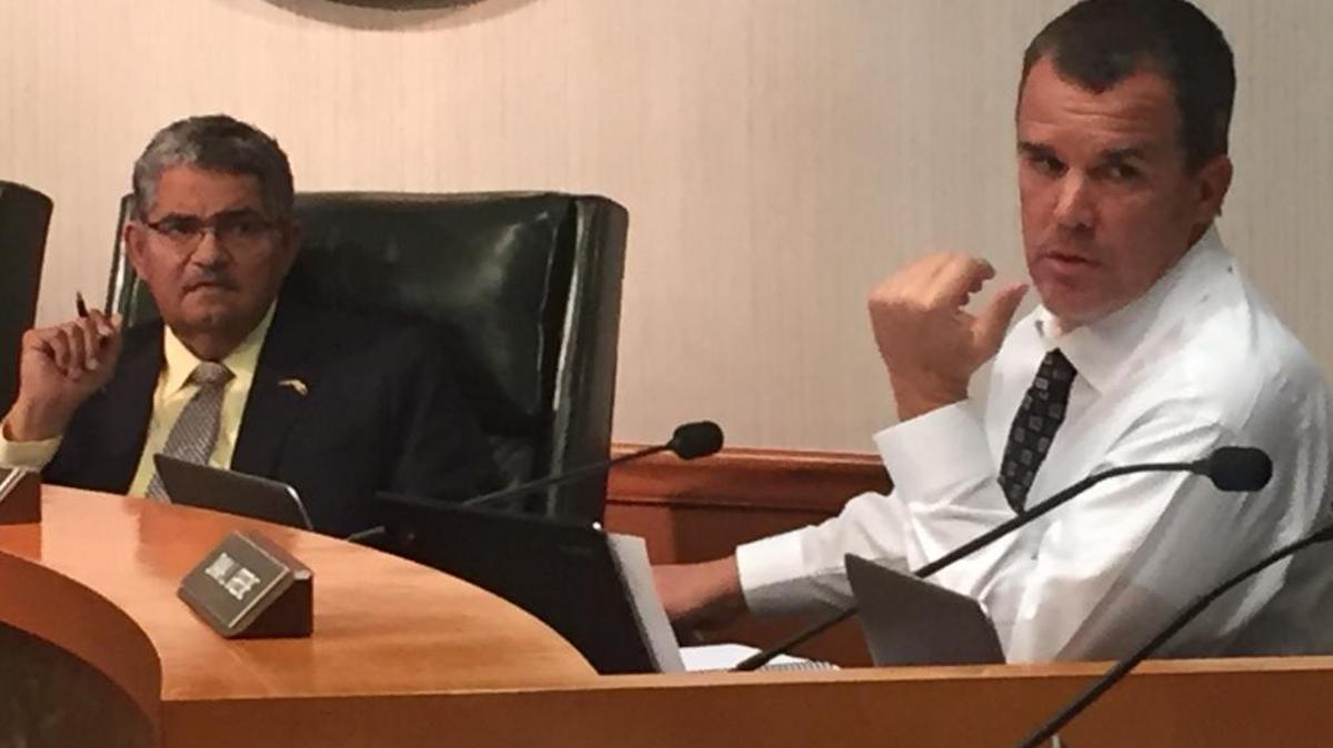 Board vice-chair John Colon and Chairman Charlie Kennedy discuss requesting an increase in the tax rate on homeowners during a School Board of Manatee County workshop Tuesday afternoon. Kennedy is in favor of requesting an increase during the November 2018 general election, and Colon expressed doubts.