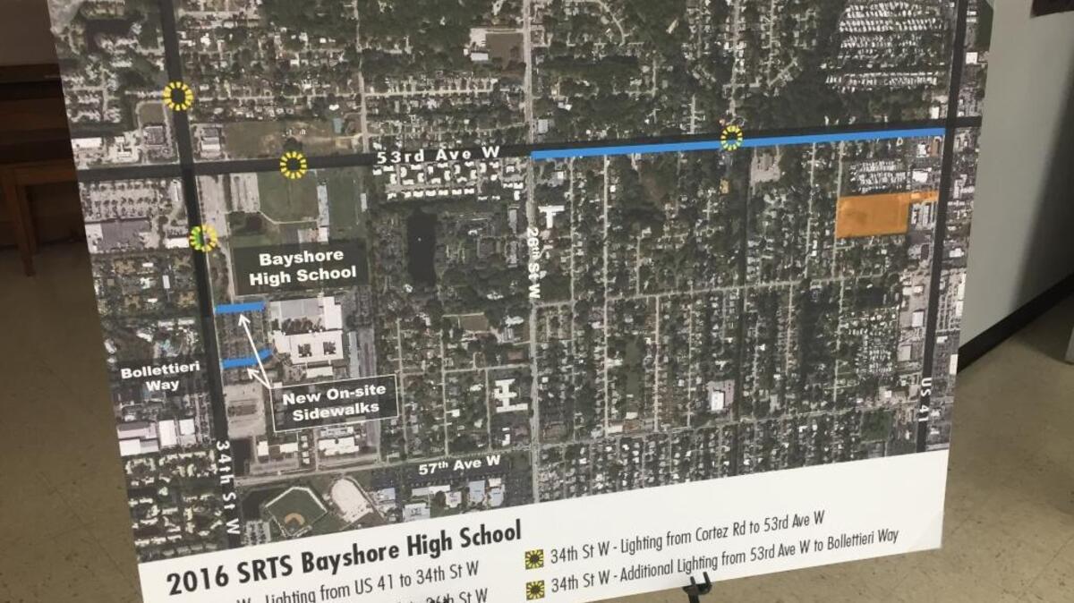 The proposed layout for improvements near Bayshore High School: Lighting on 53rd Avenue W from U.S. 41 to 34th Street W, lighting on 34th Street W. from Cortez Road to 53rd Avenue W., and lighting on 34th Street W. from 53rd Avenue W. to Bollettieri Way.