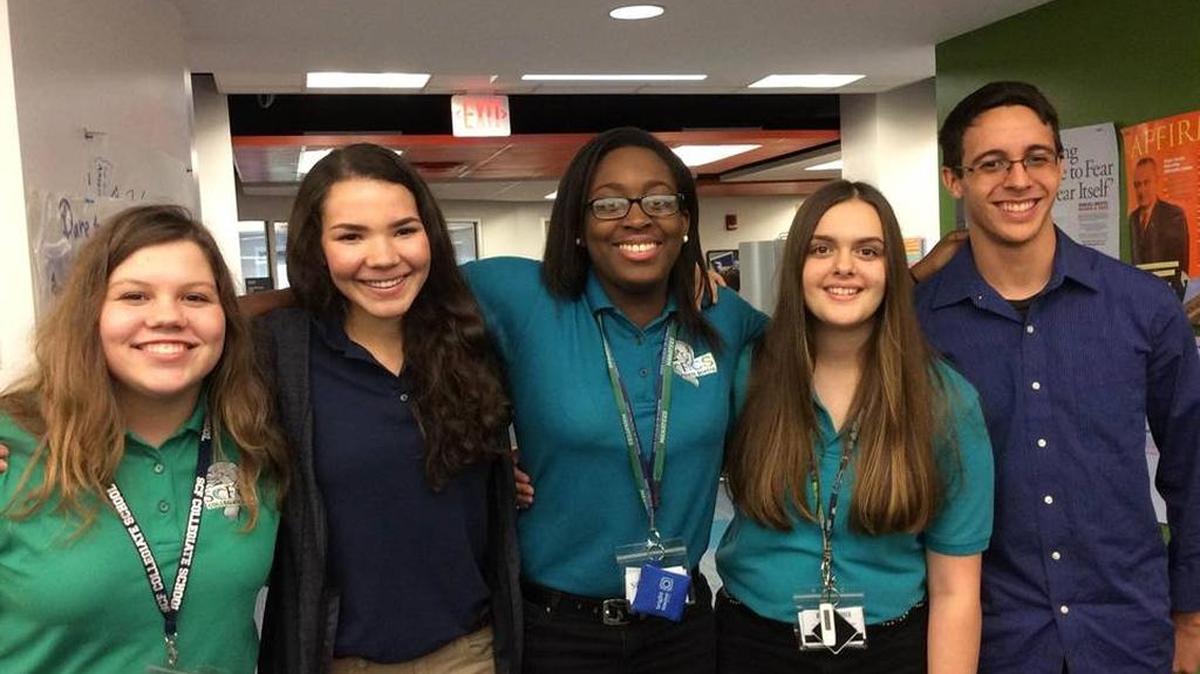 In this file photo, five State College of Florida Collegiate School students pose after advancing to the regional level of the Bright House Bright Ideas competition. The school will be hosting information sessions for the 2017-18 school year.