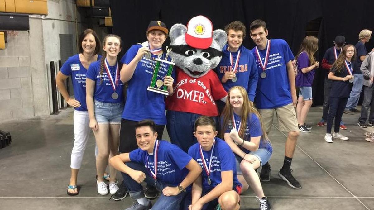 Alumni from Rowlett Academy are heading to the Odyssey of the Mind World Finals in May. From left, Christine Sket, Jaqueline Allan, Alex Sket, Omer, Dylan Bosso and Tyler Bosso. In the front row: Aydan Traynor, Justin Needham, and Hailey Maurer.