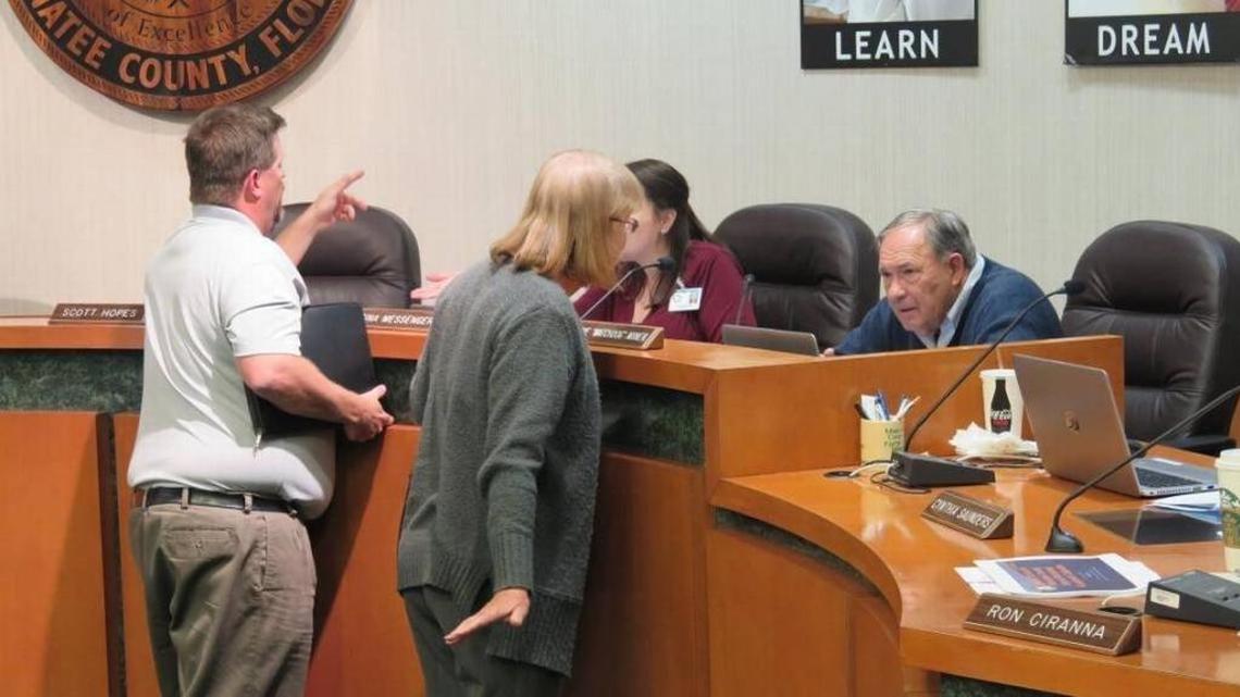 Members of the School Board of Manatee County are shown speaking with residents at a meeting in January.