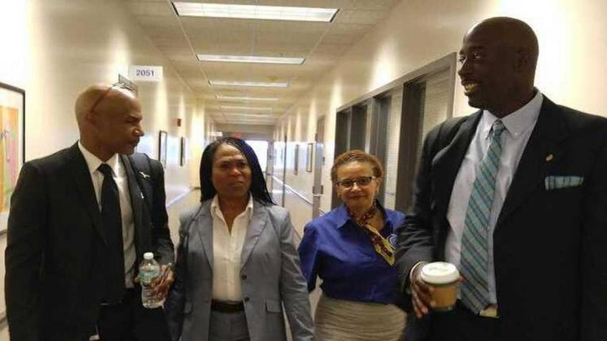 Lincoln Memorial Middle School principal Eddie Hundley (right) was joined by Antonio Alves, Deborah Shannon and Cornelle Maxfield in meeting with School District of Manatee County officials about converting to a charter school for the 2018-19 year.