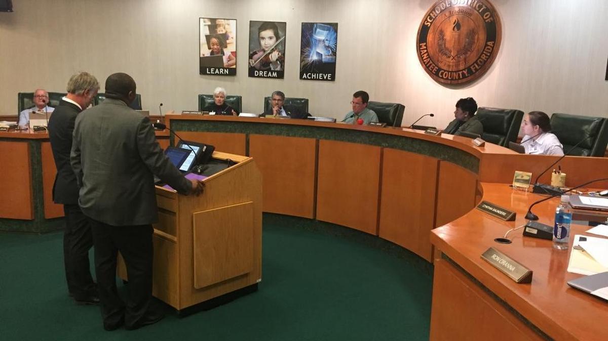 Director of Students Services Willie Clark and Skip Wilhoit, coordinator of safe schools, present discipline data to the Manatee County School Board during a Tuesday afternoon workshop.