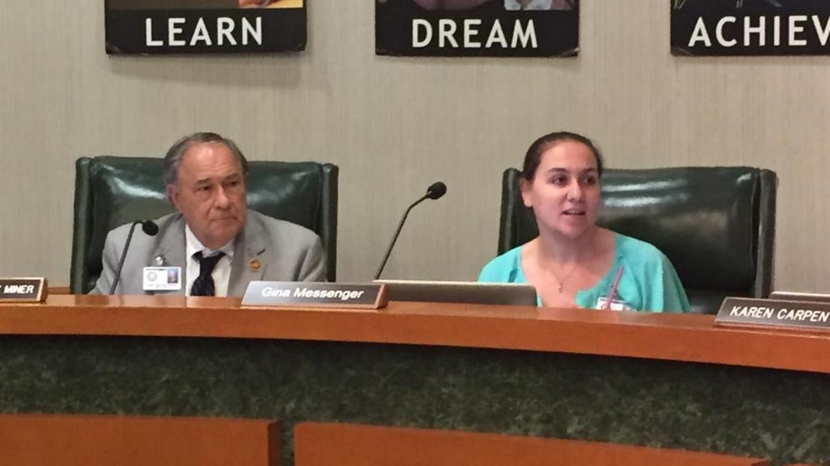 Board members Dave Miner and Gina Messenger during Tuesday’s School Board of Manatee County workshop. During the meeting that followed, both Miner and Messenger voted in support of district-recommended budget amendments.