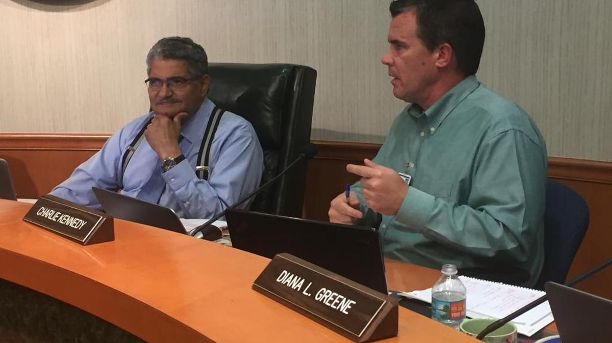 School Board of Manatee County chairman Charlie Kennedy (right) says he “can’t wait” to join a lawsuit the School Board of Broward County says it will file against the state over HB 7069, a controversial education reform law. Vice chairman John Colon (left) says the district should work within the confines of the new law.