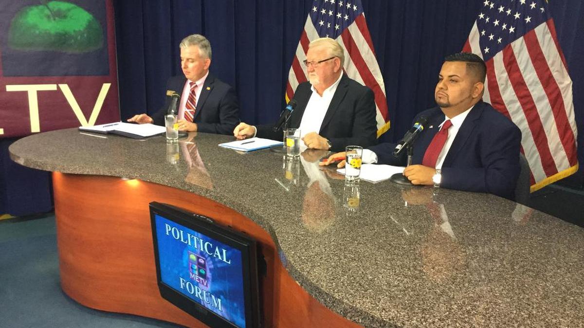 Warren Merriman, incumbent Mayor Wayne Poston and Eleuterio Salazar Jr. debated the issues Thursday evening in the second mayoral debate leading up to the Nov. 8 elections.