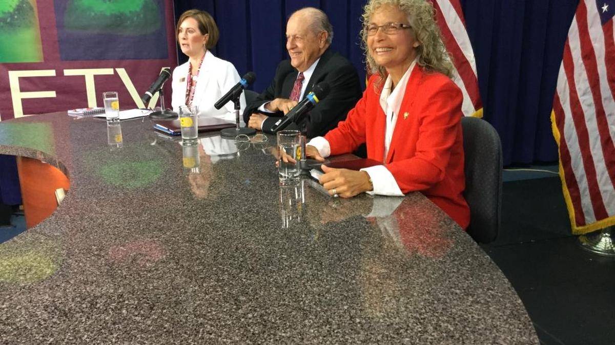 From left, Devon Davis, incumbent Gene Gallo and Tami Spyker Goudy do battle at Thursday’s first official city council debate.