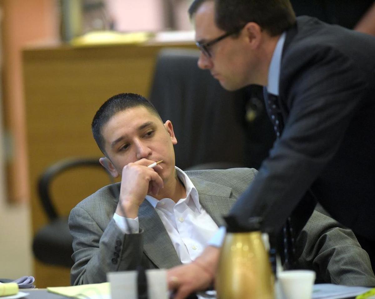 Triple-murder suspect Andres Avalos Jr. sits in court on the second day of jury selection for his trial for murder. Avalos is charged with three counts of first-degree murder in the Dec. 4 slayings of his wife, Amber Avalos; neighbor, Denise Potter, 46; and the Rev. James 'Tripp' Battle, 31.