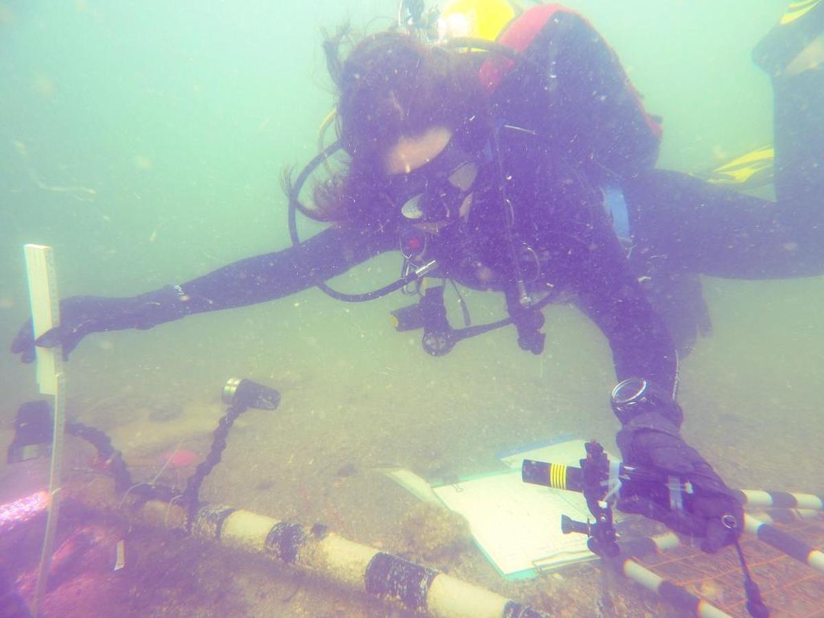 Florida Public Archaeology Network partner Nicole Grinnan measures the test unit’s depth using a laser level and folding ruler at the Manasota Key Offshore site.