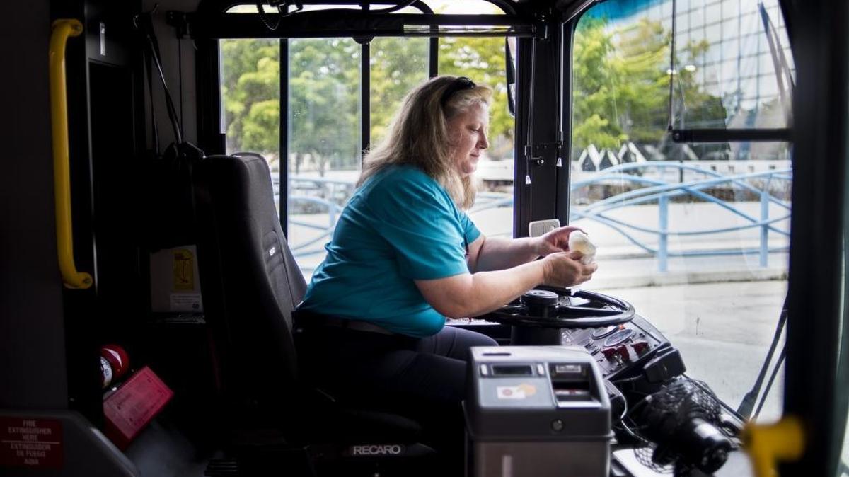Stacy Meeth, who was awarded Operator of the Year by Florida Public Transportation Association, on a MCAT bus on Wednesday morning, December 21, 2016 in downtown Bradenton.