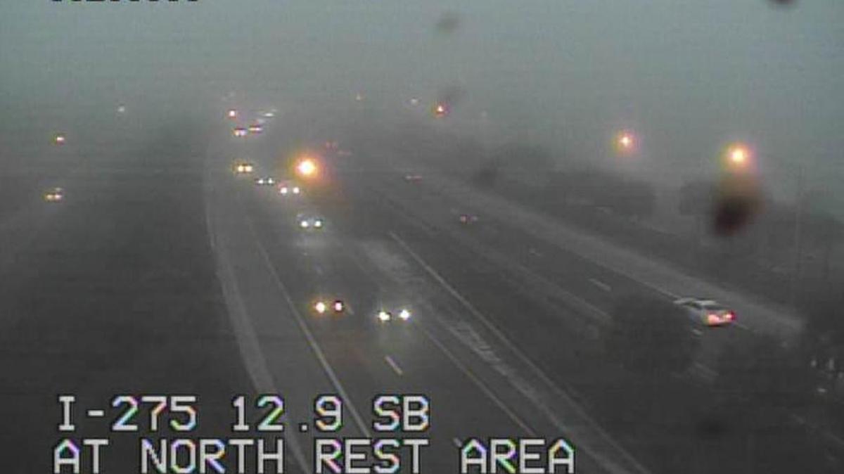 A dense fog advisory was issued Thursday morning. Here, fog Florida 511 traffic cameras show fog on Interstate 275 at the North Rest Area near the Sunshine Skyway Bridge just before 7 a.m. Thursday.
