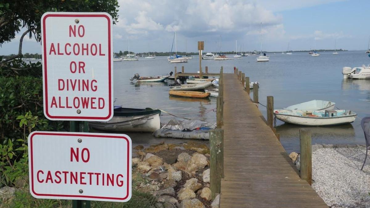 The entrance to a dinghy dock by the Historic Bridge Street Pier in Bradenton Beach.