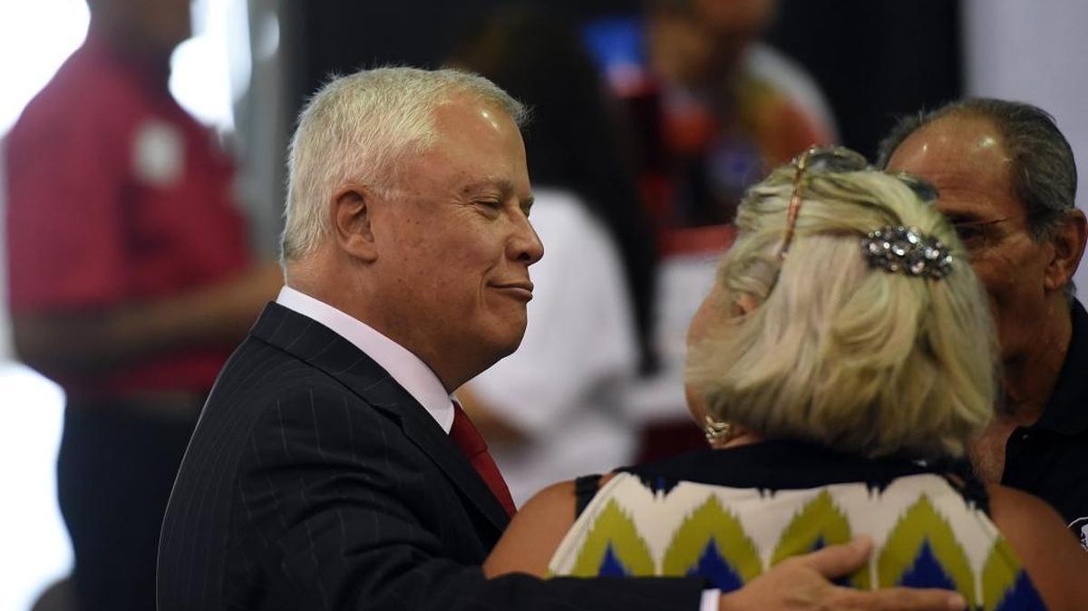 U.S. Senate candidate Carlos Beruff greets supporters as Republicans from Manatee and Sarasota counties rally at Robart's Arena in Sarasota Saturday afternoon to partake in a straw poll, meet candidates and enjoy pie.