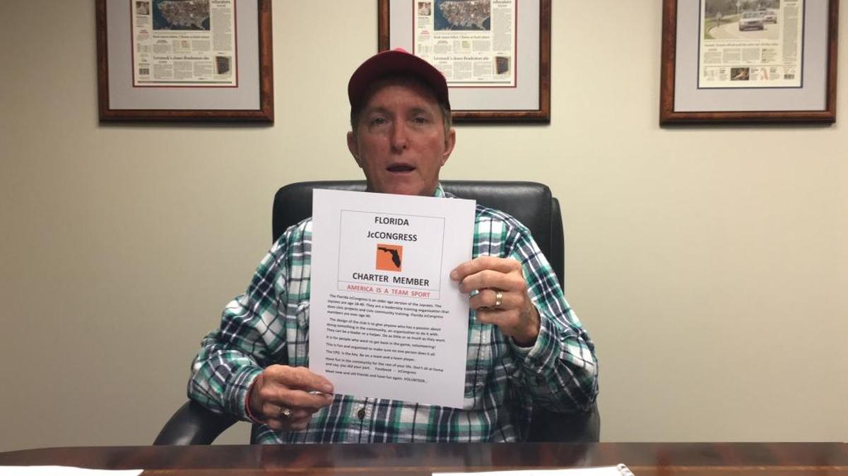 Bill “Willy” Orr of Palmetto shows a document explaining a new civic organization he hopes to start in Palmetto called the Florida JcCongress. It’s a variation of the Jaycees. Orr is hosting a social meeting at Popi’s Place Too in Palmetto Tuesday night to take the pulse of the community on his new idea.