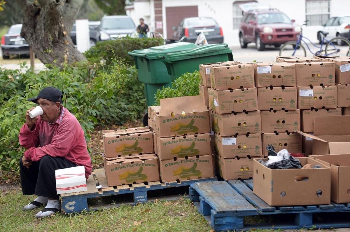 A man waits beside piles of food at the Mt. Carmel Resource Center where the Palmetto Police Department teamed up with Mayors’ Feed the Hungry to collect food and distribute it to needy members of the community Tuesday morning. Other volunteers included high school students, Chief William Tokajer of Holmes Beach and Sheriff Rick Wells.
