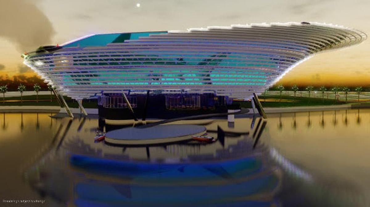 Screenshot from preliminary video rendering shows an evening light display on the exterior of Mote Science Education Aquarium.