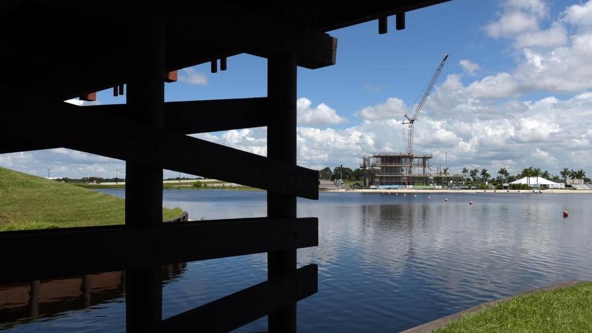 A finish line tower is under construction at Nathan Benderson Park as work continues in preparation for the rowing championships in 2017.