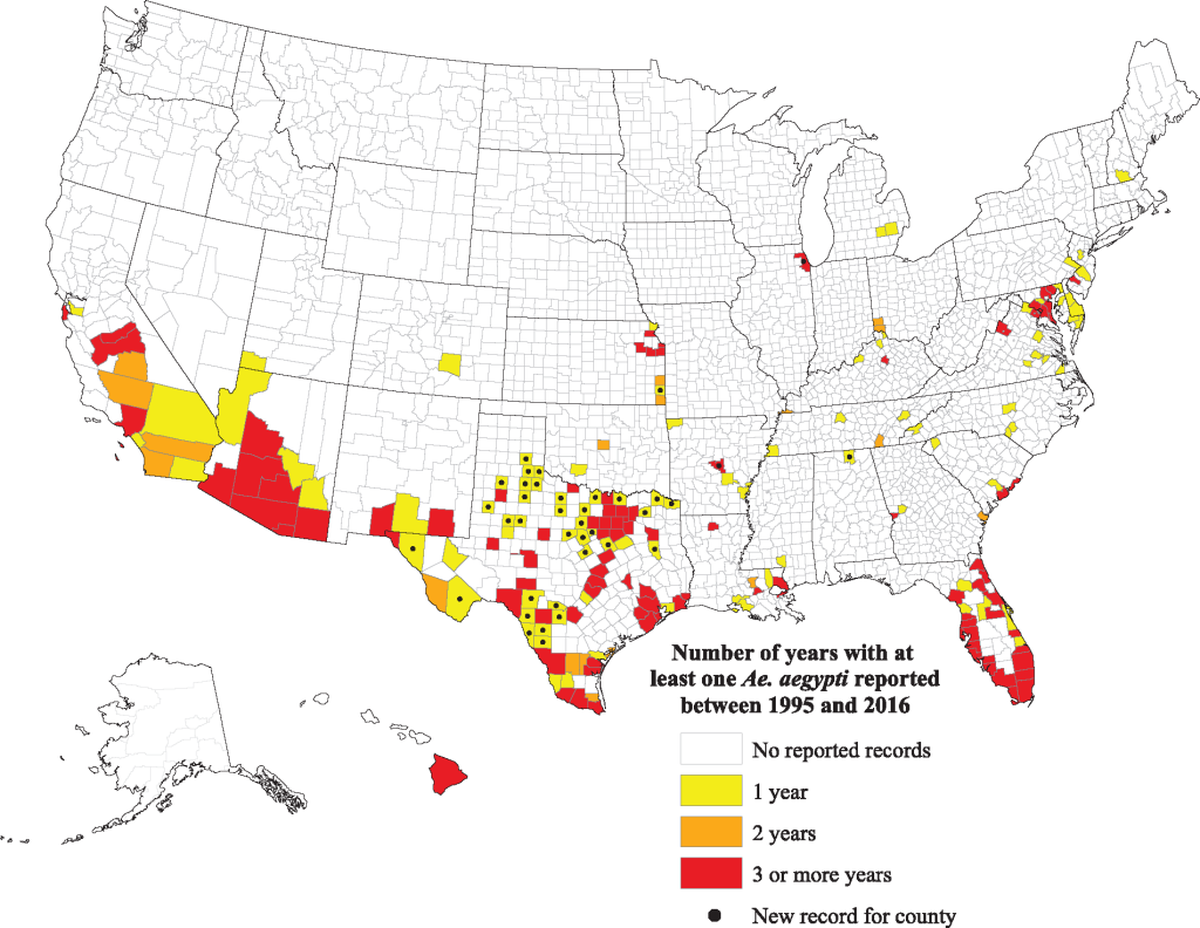 Reported presence of Aedes aegypti by county between January 1995 and December 2016, based on collection records. Counties with black dots had new surveillance records in 2016 showing the presence of Aedes aegypti. Counties shown in white had no reported presence of this mosquito within the same time period.