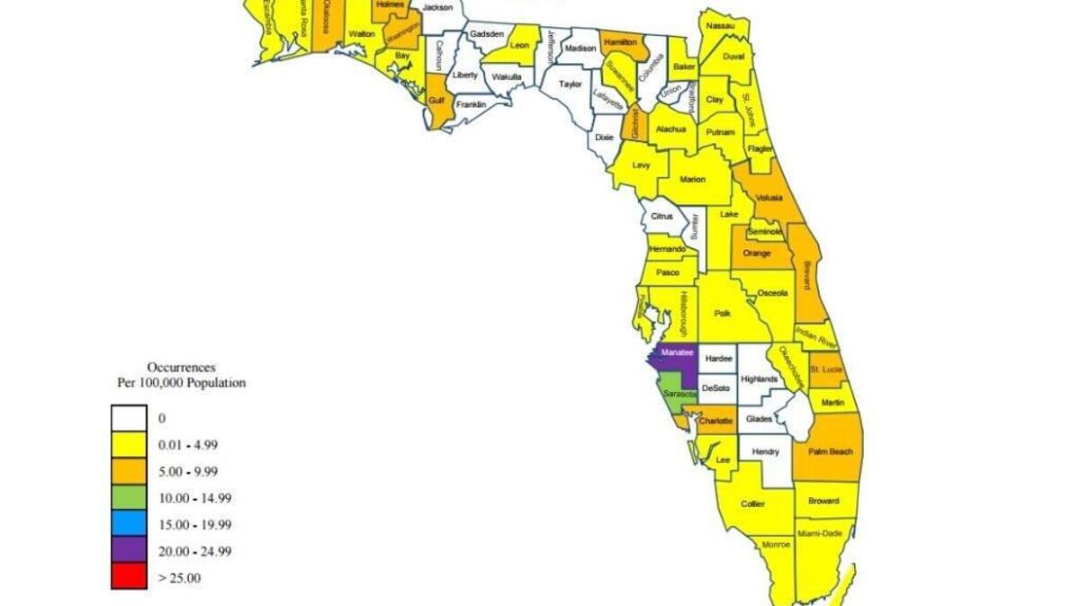 This map shows the fentanyl deaths per county per 100,000 people in 2015.