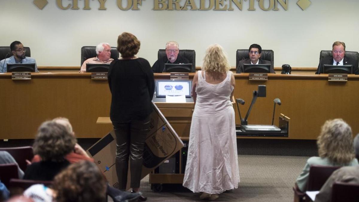 Members of the Bradenton City Council listen to Village of the Arts residents during a discussion of a noise ordinance on Wednesday evening at City Hall.