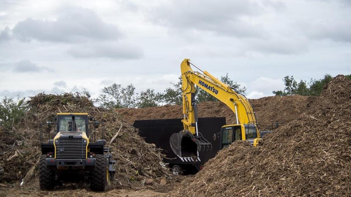 Construction vehicles pile unprocessed debris next to mulched debris as the Manatee County Utilities Department collects debris from Hurricane Irma in early October at GT Bray Park in Bradenton.
