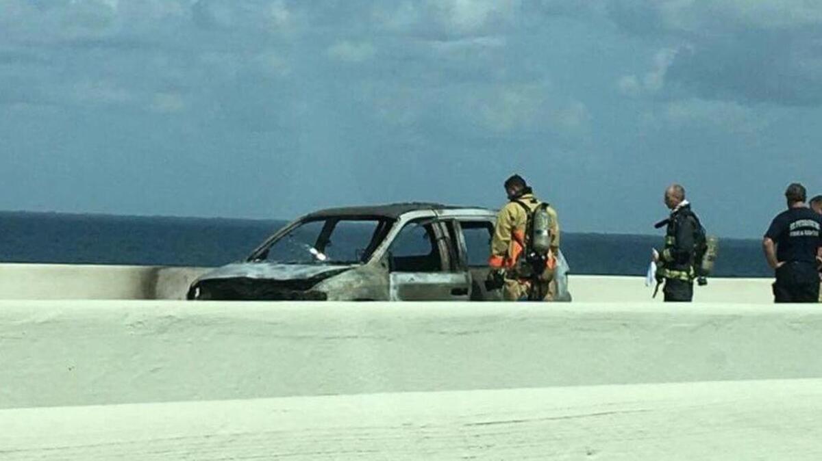 A vehicle caught fire after a crash involving another vehicle which has shutdown all northbound lanes of the Sunshine Skyway Bridge over Tampa Bay.