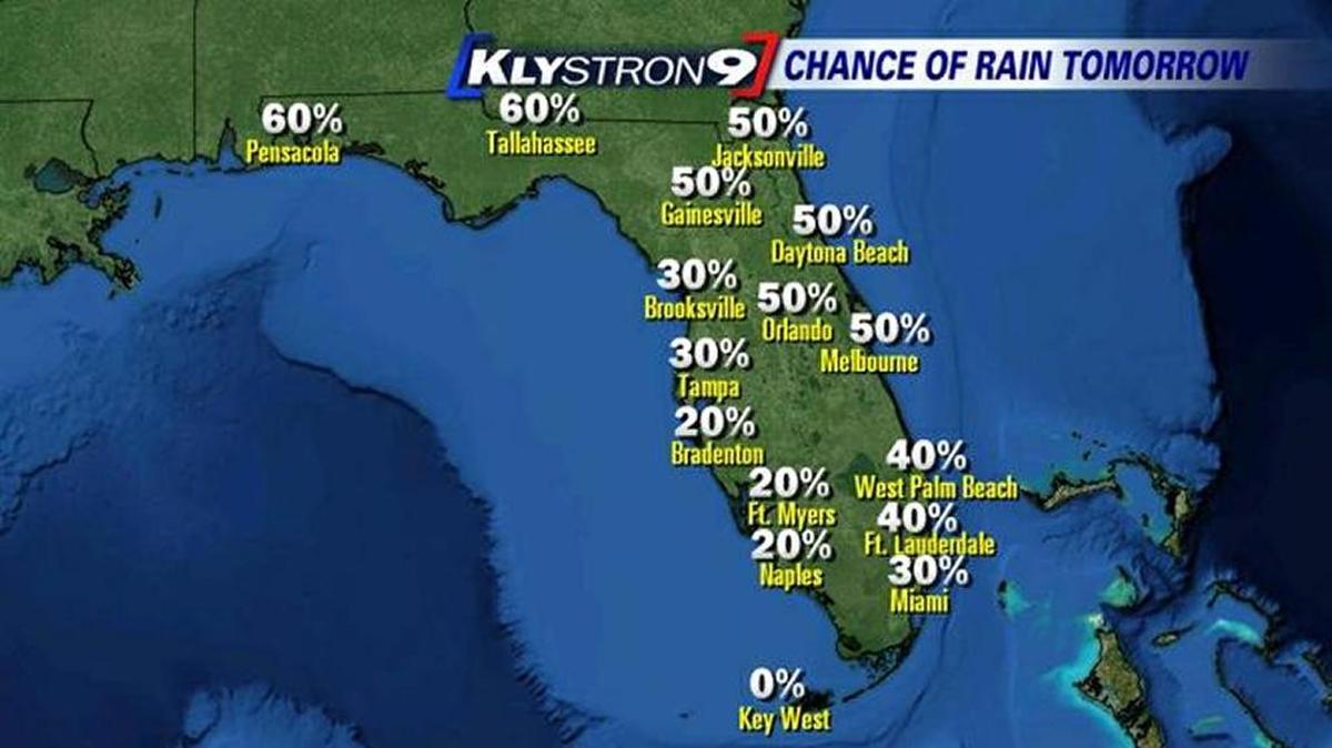 Chances of rain in Florida for Tuesday, according to KLYSTON9.