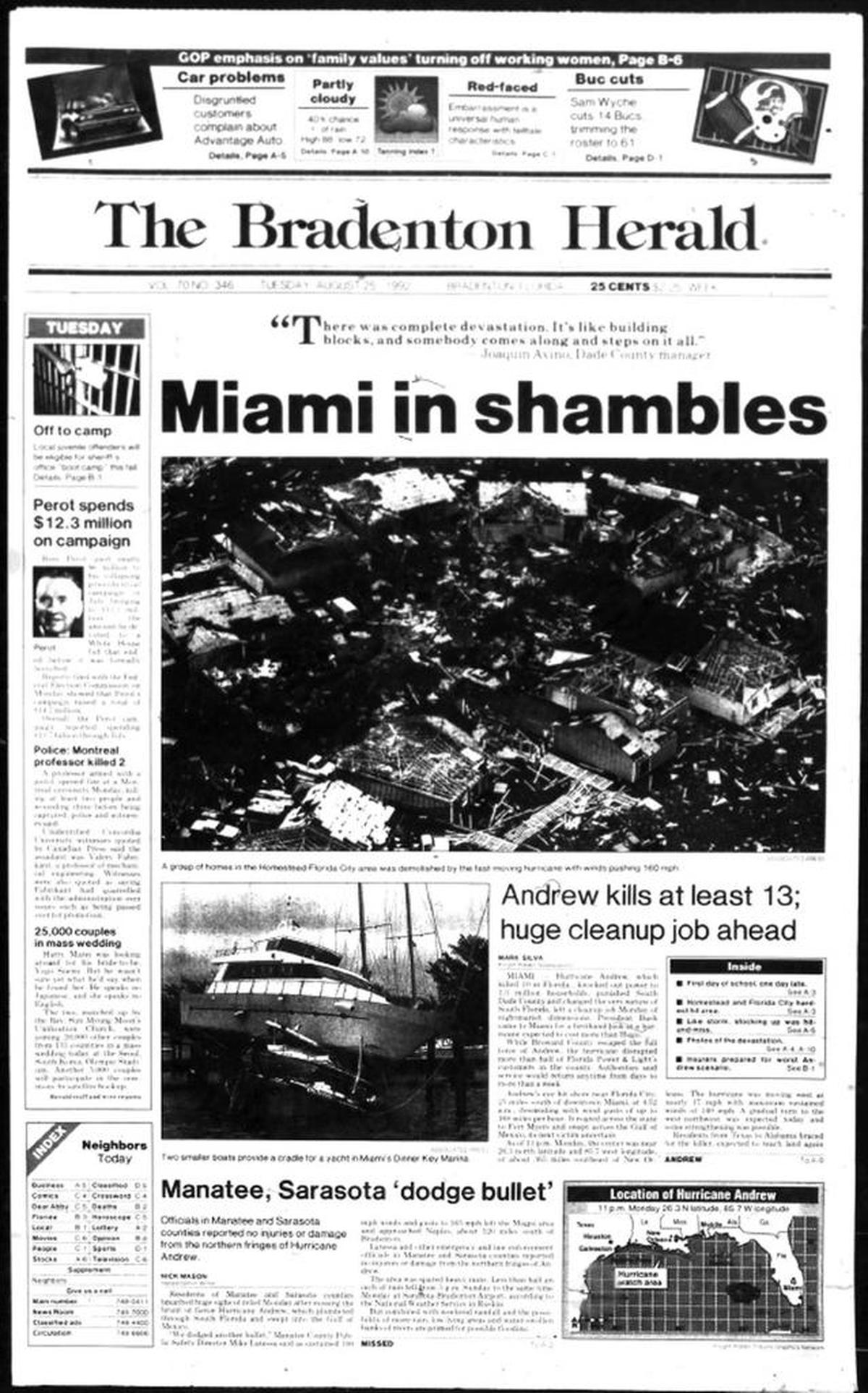 The front page of The Bradenton Herald on Aug. 25, 1992, after Hurricane Andrew hit South Florida.