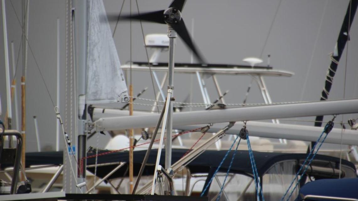 Spinning prop on a boat anchored on the Bradenton waterfront was evidence of gusty winds blowing through the area Sunday evening.