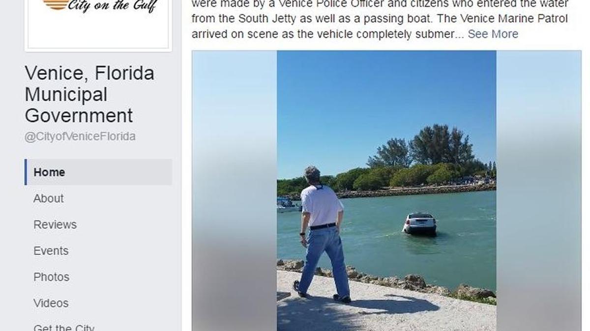 A screen-grab of a video that shows a vehicle in the water at South Jetty near Venice Monday afternoon. Two people, identified Tuesday as a father and daughter, were reportedly inside.